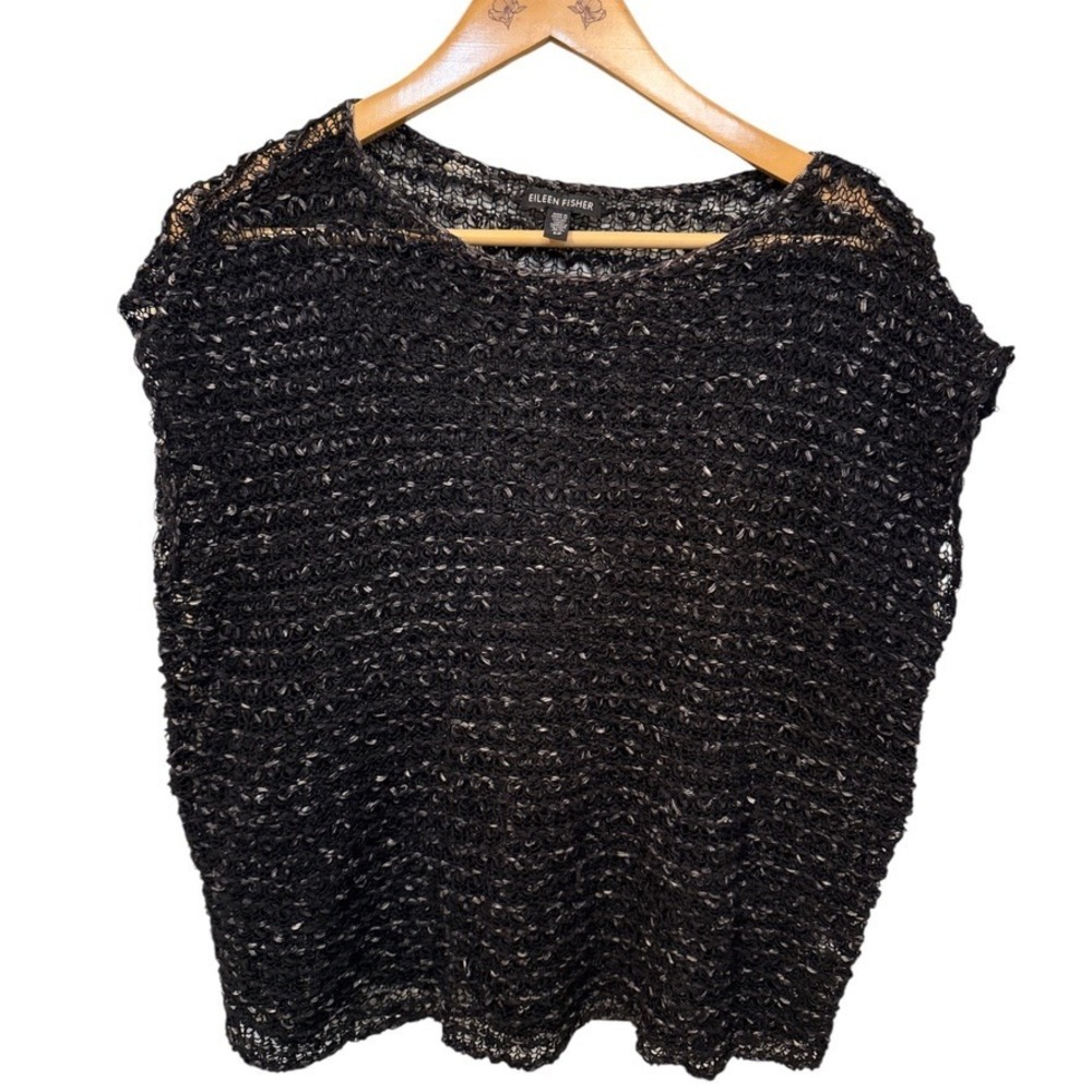 Eileen Fisher Sparkle Mesh Italian Yarn Organic‎ Linen Blend Boxy Top Black Sz S